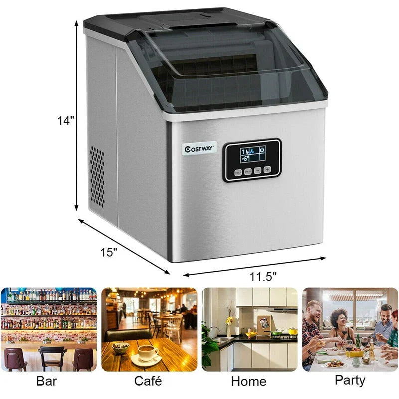 48LBS/24H Stainless Steel Countertop Ice Maker Machine with Self-Clean Function LCD Display Ice Scoop Basket 6