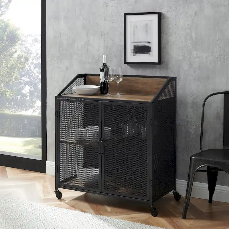 Industrial Bar Cabinet Cart with Mesh Doors Shelves and Wheels 1