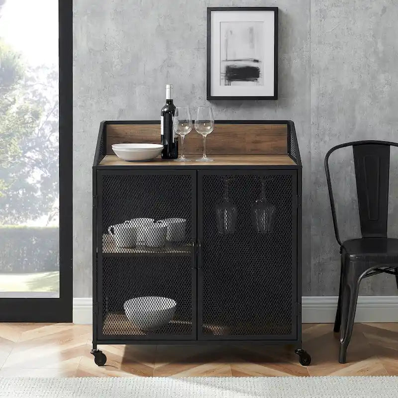 Industrial Bar Cabinet Cart with Mesh Doors Shelves and Wheels 4