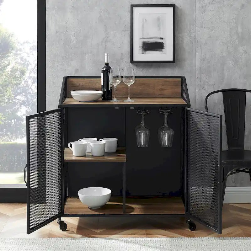 Industrial Bar Cabinet Cart with Mesh Doors Shelves and Wheels 5