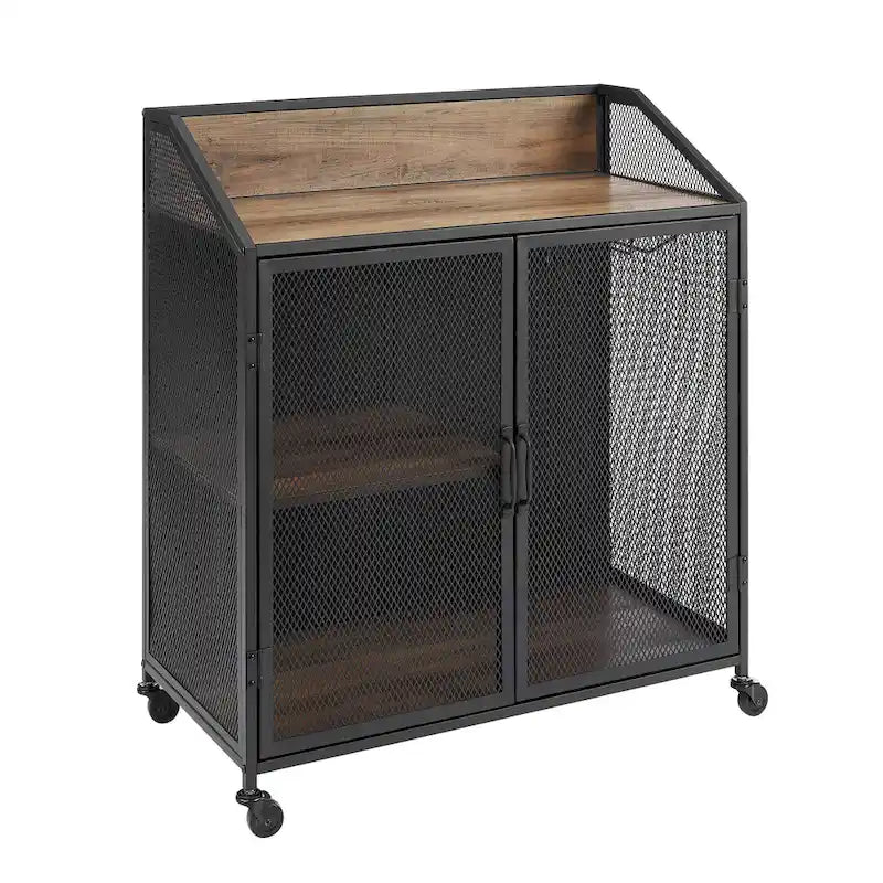 Industrial Bar Cabinet Cart with Mesh Doors Shelves and Wheels 7