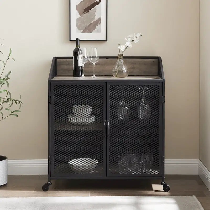 Industrial Bar Cabinet Cart with Mesh Doors Shelves and Wheels 11