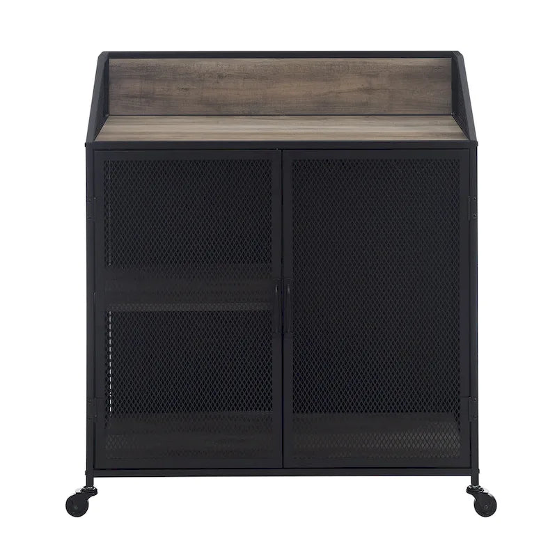 Industrial Bar Cabinet Cart with Mesh Doors Shelves and Wheels 14