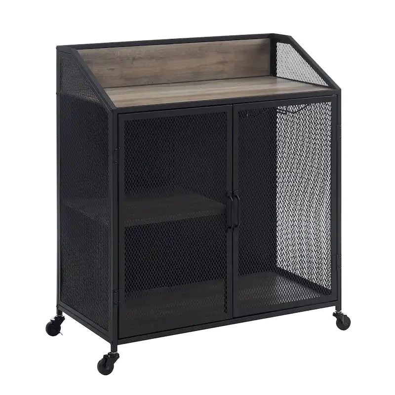 Industrial Bar Cabinet Cart with Mesh Doors Shelves and Wheels 15