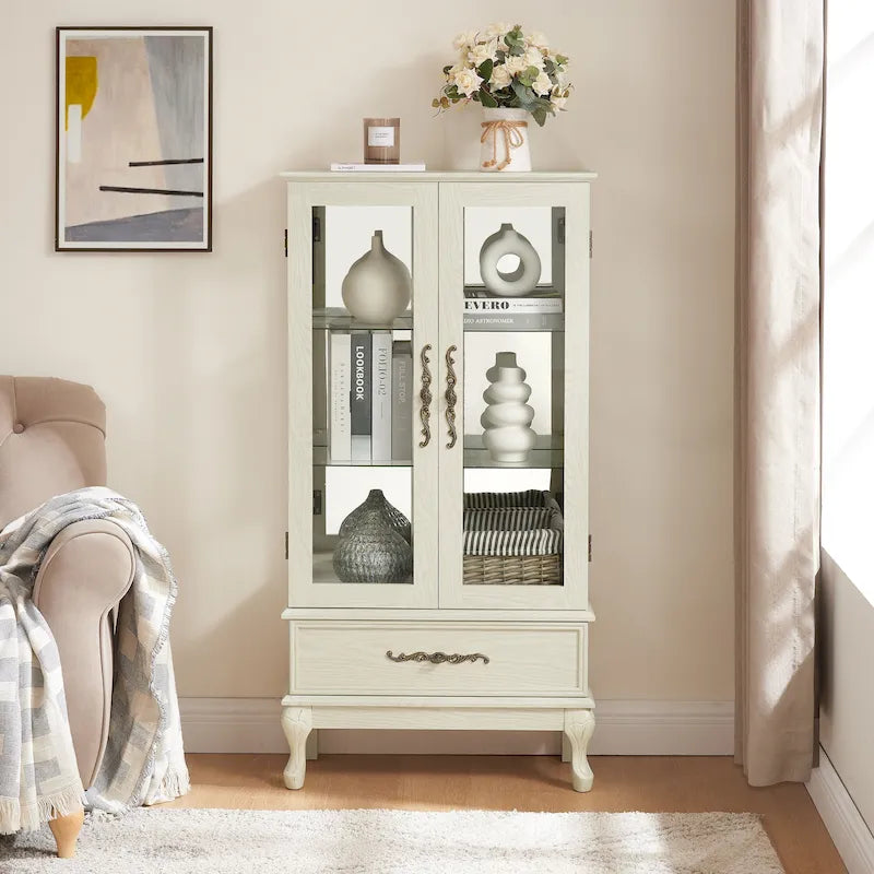 Illuminated Glass Curio Display Cabinet with Adjustable Shelves, Double Doors, and Drawer - Glass Wine Storage Solution 28