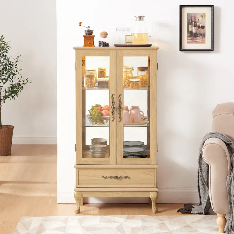 Illuminated Glass Curio Display Cabinet with Adjustable Shelves, Double Doors, and Drawer - Glass Wine Storage Solution 29