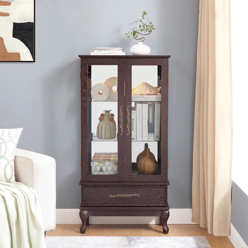 Illuminated Glass Curio Display Cabinet with Adjustable Shelves, Double Doors, and Drawer - Glass Wine Storage Solution 30