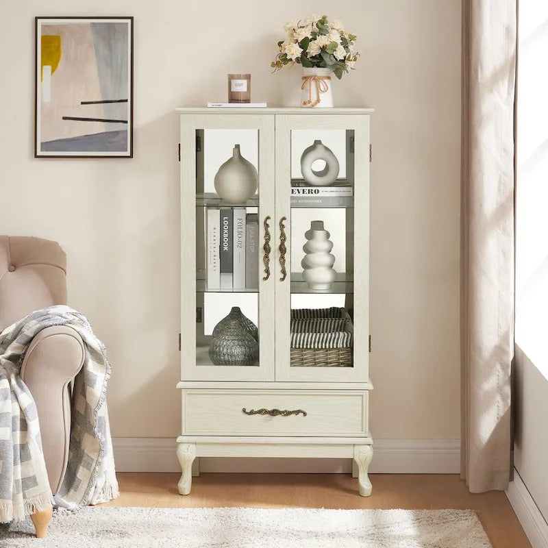 Illuminated Glass Curio Display Cabinet with Adjustable Shelves, Double Doors, and Drawer - Glass Wine Storage Solution 1