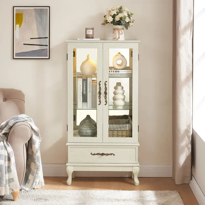 Illuminated Glass Curio Display Cabinet with Adjustable Shelves, Double Doors, and Drawer - Glass Wine Storage Solution 2