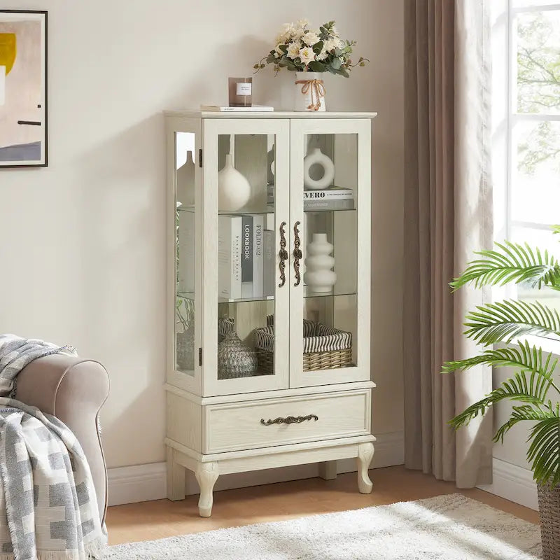 Illuminated Glass Curio Display Cabinet with Adjustable Shelves, Double Doors, and Drawer - Glass Wine Storage Solution 3