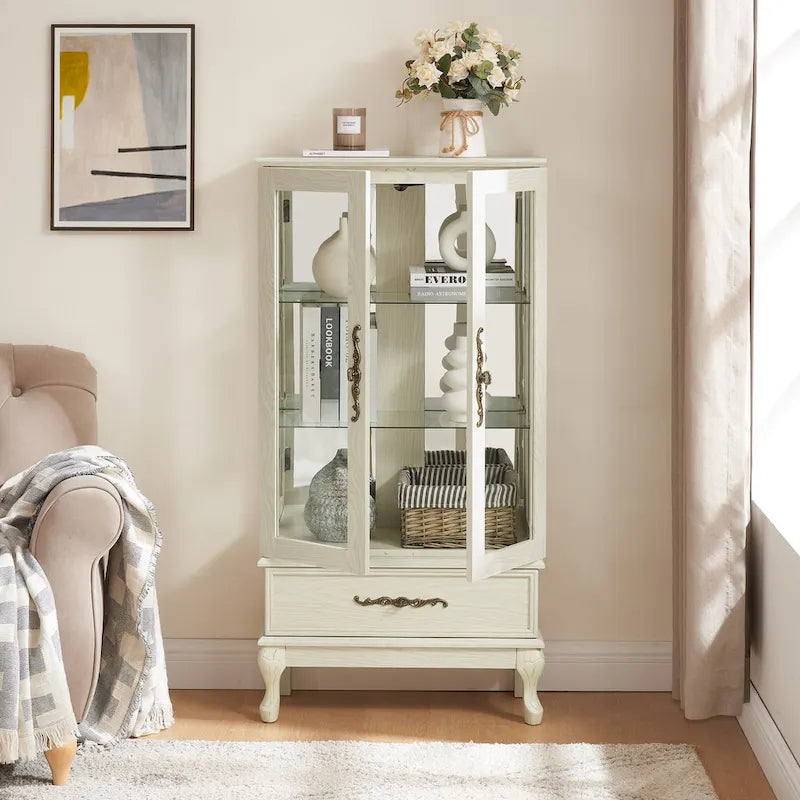 Illuminated Glass Curio Display Cabinet with Adjustable Shelves, Double Doors, and Drawer - Glass Wine Storage Solution 4