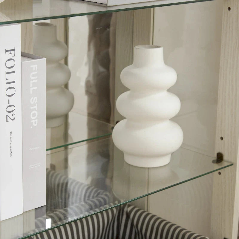 Illuminated Glass Curio Display Cabinet with Adjustable Shelves, Double Doors, and Drawer - Glass Wine Storage Solution 8