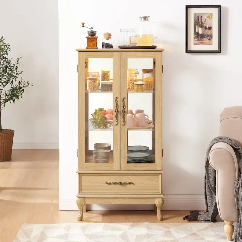 Illuminated Glass Curio Display Cabinet with Adjustable Shelves, Double Doors, and Drawer - Glass Wine Storage Solution 10