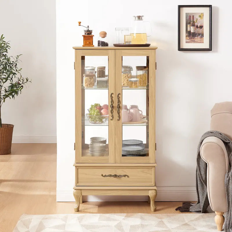 Illuminated Glass Curio Display Cabinet with Adjustable Shelves, Double Doors, and Drawer - Glass Wine Storage Solution 11