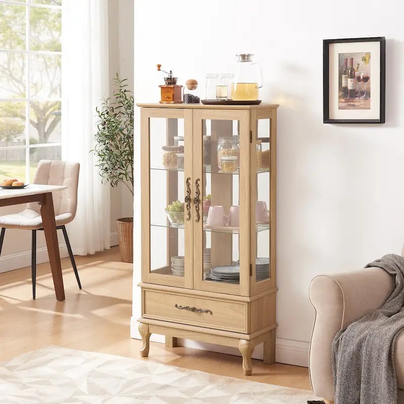 Illuminated Glass Curio Display Cabinet with Adjustable Shelves, Double Doors, and Drawer - Glass Wine Storage Solution 12