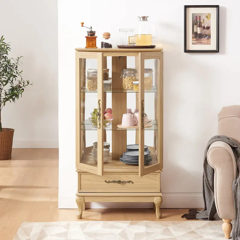 Illuminated Glass Curio Display Cabinet with Adjustable Shelves, Double Doors, and Drawer - Glass Wine Storage Solution 13