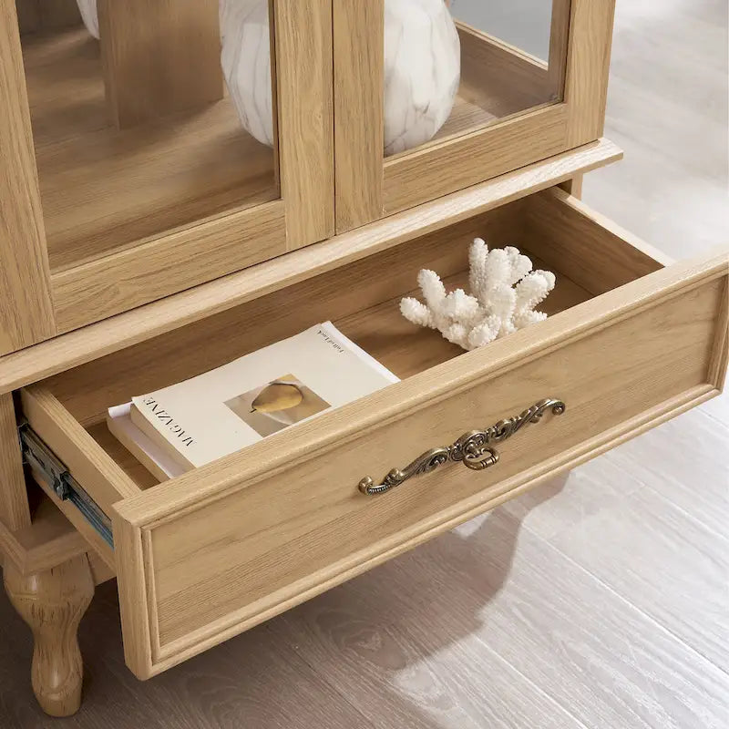 Illuminated Glass Curio Display Cabinet with Adjustable Shelves, Double Doors, and Drawer - Glass Wine Storage Solution 14