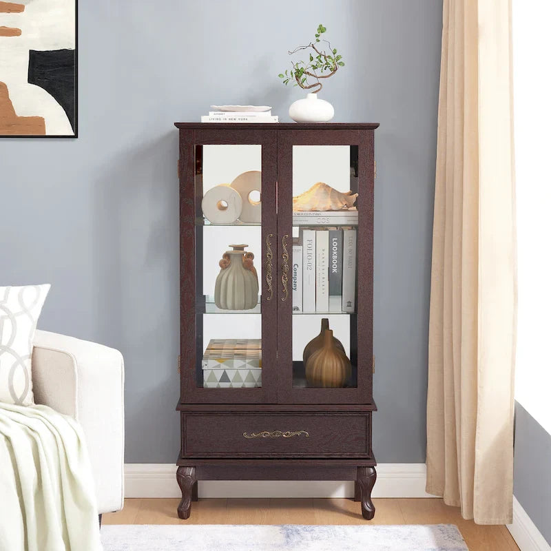 Illuminated Glass Curio Display Cabinet with Adjustable Shelves, Double Doors, and Drawer - Glass Wine Storage Solution 19