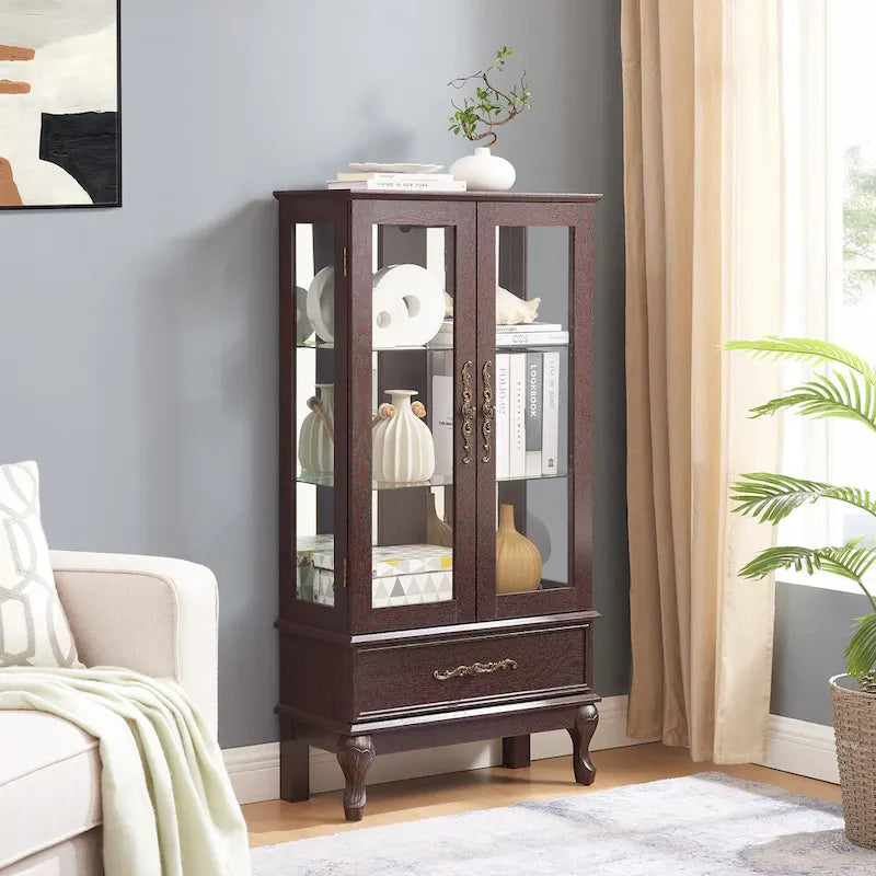 Illuminated Glass Curio Display Cabinet with Adjustable Shelves, Double Doors, and Drawer - Glass Wine Storage Solution 20