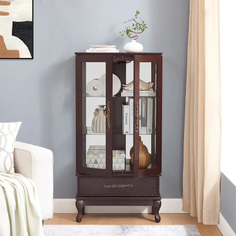 Illuminated Glass Curio Display Cabinet with Adjustable Shelves, Double Doors, and Drawer - Glass Wine Storage Solution 21