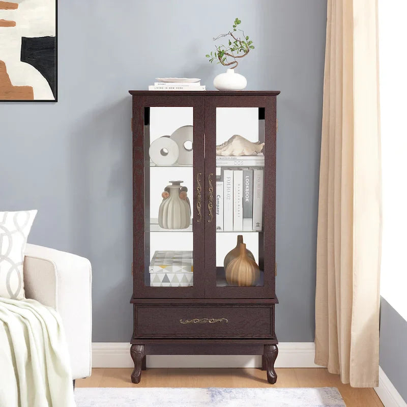 Illuminated Glass Curio Display Cabinet with Adjustable Shelves, Double Doors, and Drawer - Glass Wine Storage Solution 22