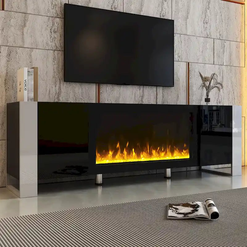 Contemporary Black 68.1" TV Stand with Fireplace and 2 Spacious Cabinets for TVs Up to 78" 21