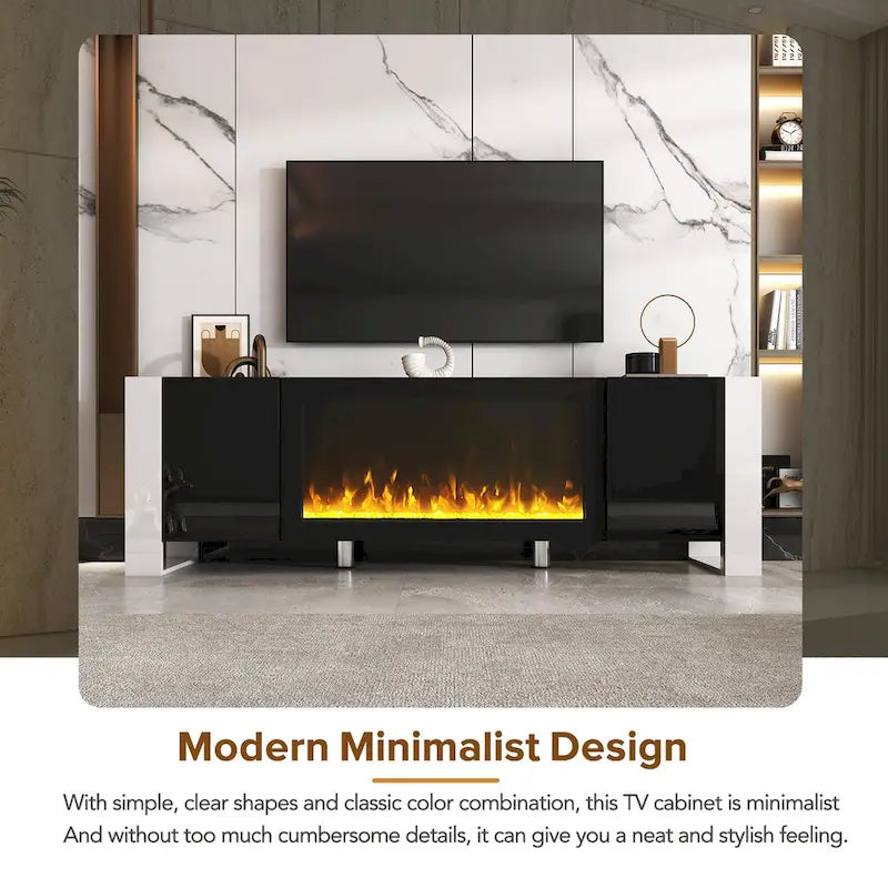 Contemporary Black 68.1" TV Stand with Fireplace and 2 Spacious Cabinets for TVs Up to 78" 4