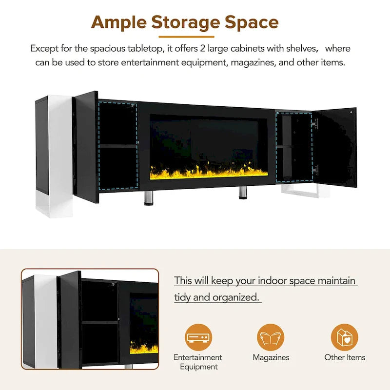 Contemporary Black 68.1" TV Stand with Fireplace and 2 Spacious Cabinets for TVs Up to 78" 5