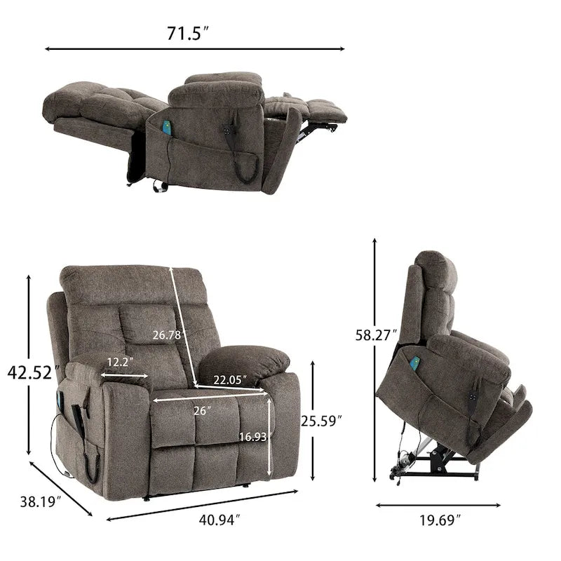 Gray Chenille Power Lift Recliner with Massage and Concealed Cup Holder 12