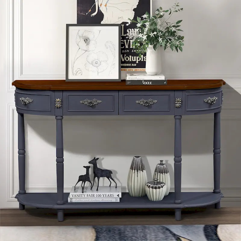 52-Inch Half Moon Circular Sofa Table with Open Shelf and Dual Drawers 36
