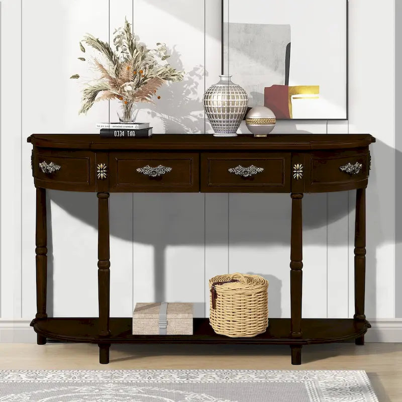 52-Inch Half Moon Circular Sofa Table with Open Shelf and Dual Drawers 38