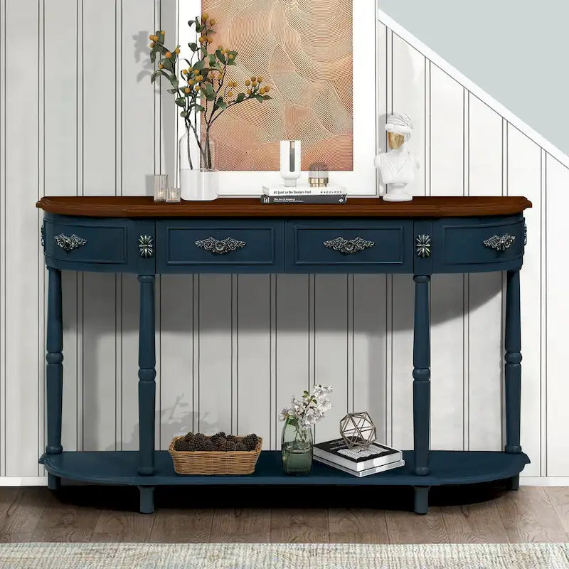 52-Inch Half Moon Circular Sofa Table with Open Shelf and Dual Drawers 1