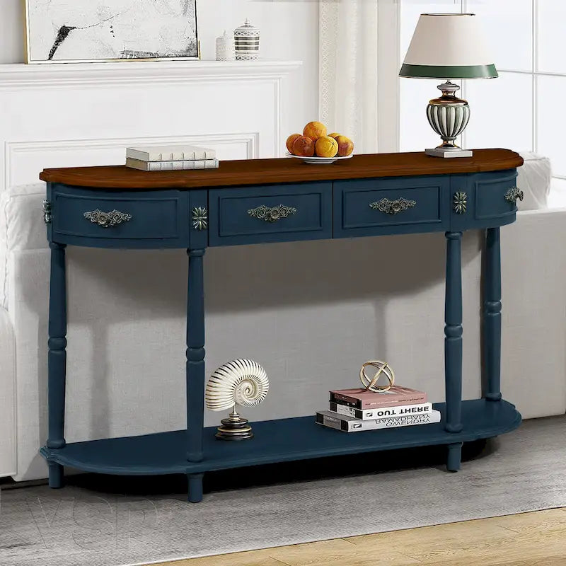 52-Inch Half Moon Circular Sofa Table with Open Shelf and Dual Drawers 2