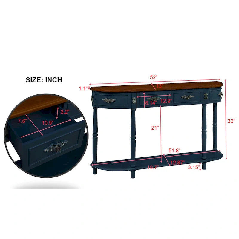 52-Inch Half Moon Circular Sofa Table with Open Shelf and Dual Drawers 4