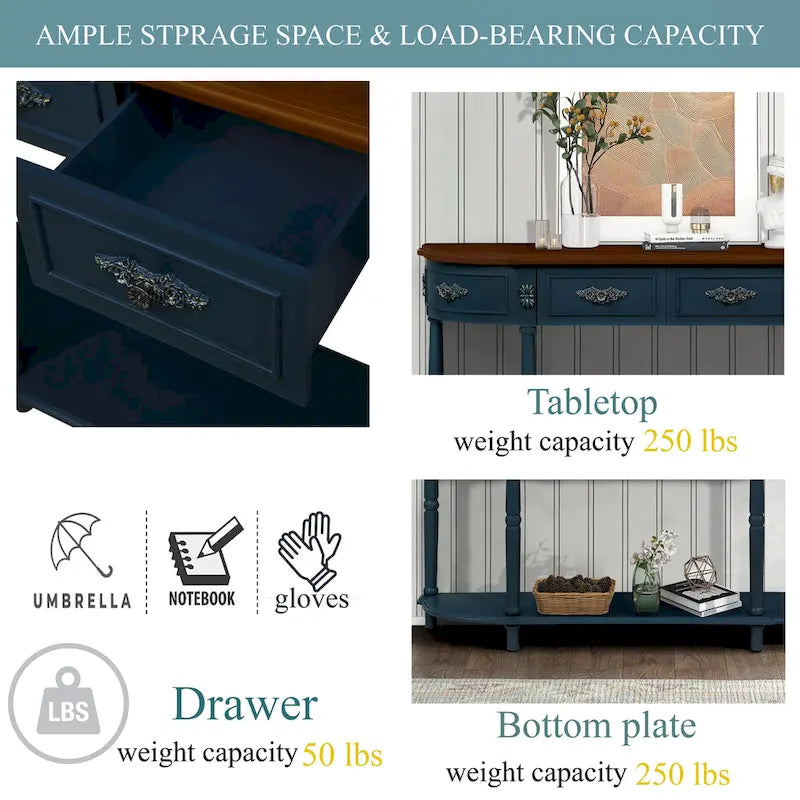 52-Inch Half Moon Circular Sofa Table with Open Shelf and Dual Drawers 5