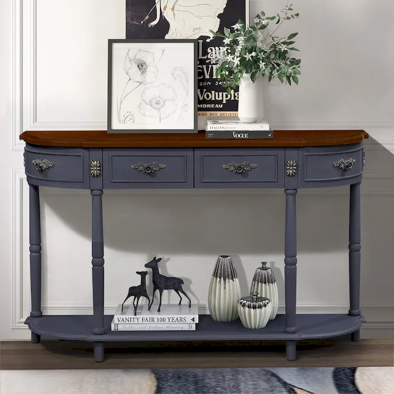 52-Inch Half Moon Circular Sofa Table with Open Shelf and Dual Drawers 10
