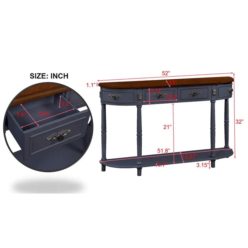 52-Inch Half Moon Circular Sofa Table with Open Shelf and Dual Drawers 12