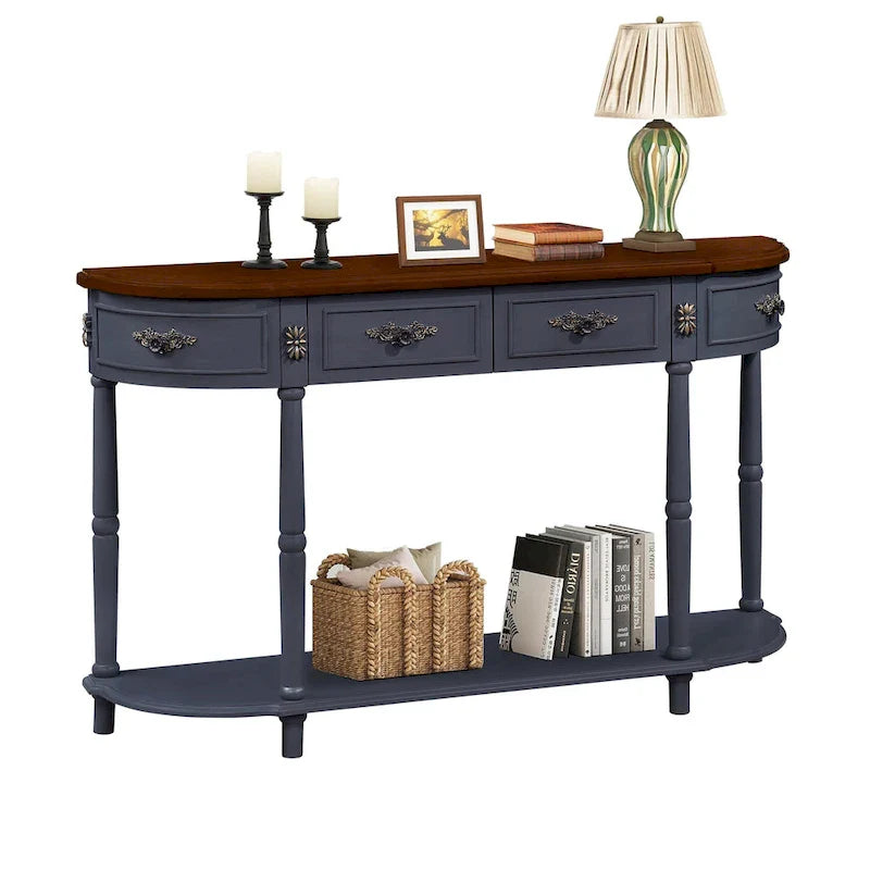52-Inch Half Moon Circular Sofa Table with Open Shelf and Dual Drawers 13