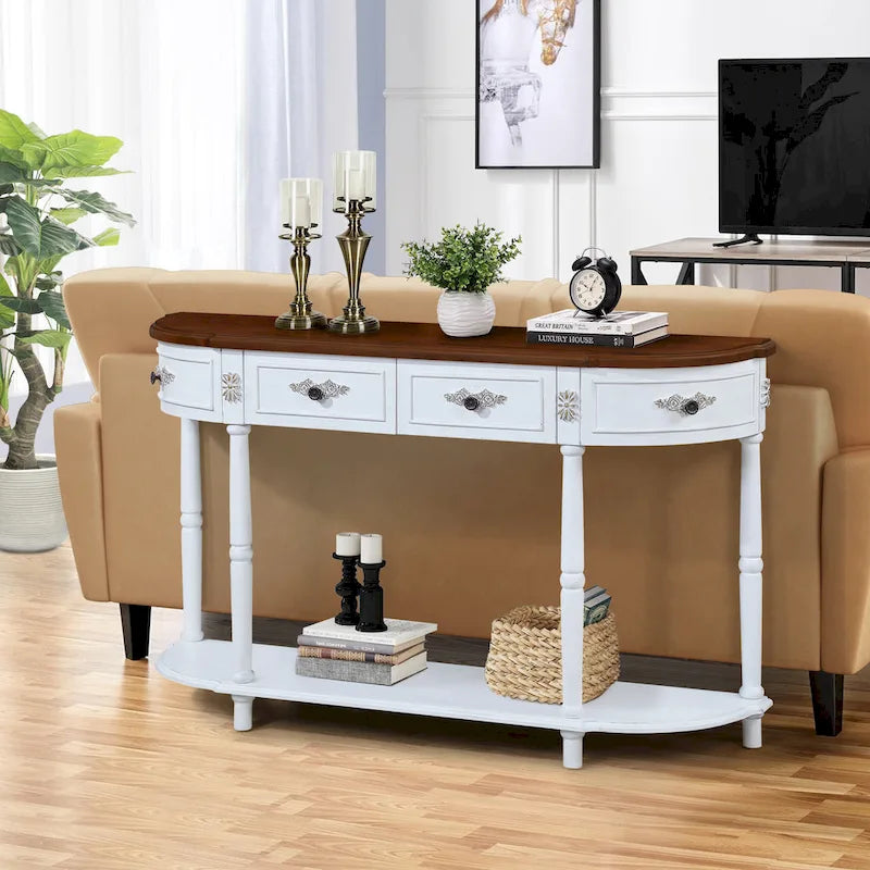 52-Inch Half Moon Circular Sofa Table with Open Shelf and Dual Drawers 20