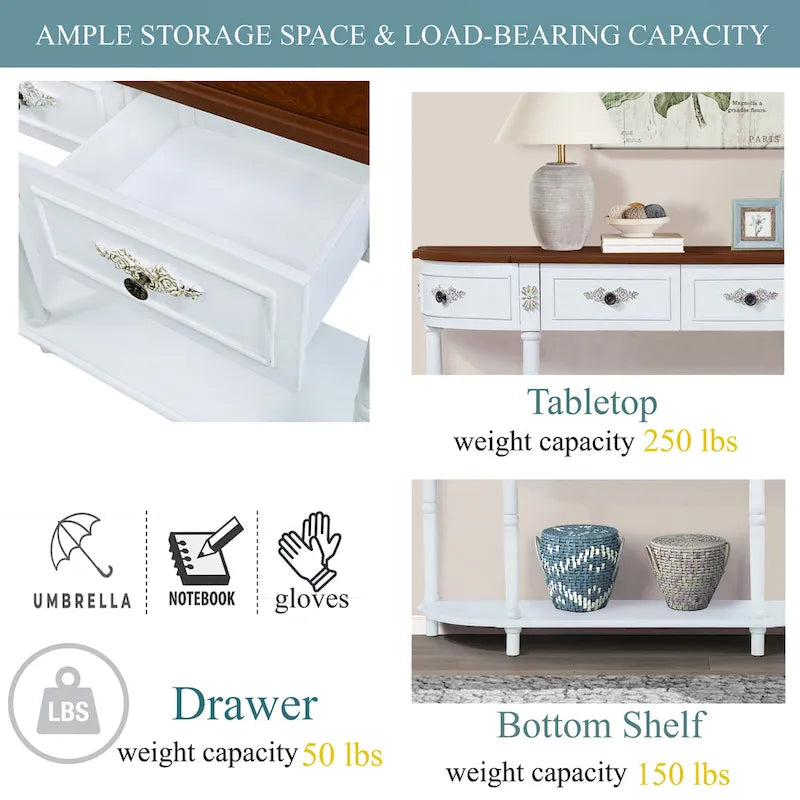 52-Inch Half Moon Circular Sofa Table with Open Shelf and Dual Drawers 23
