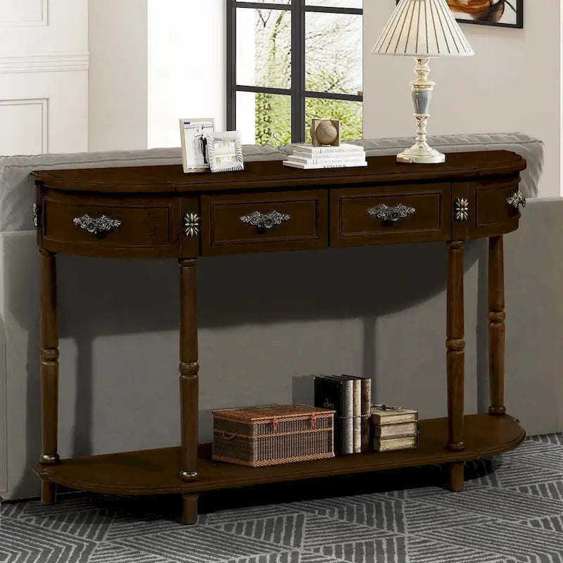 52-Inch Half Moon Circular Sofa Table with Open Shelf and Dual Drawers 30
