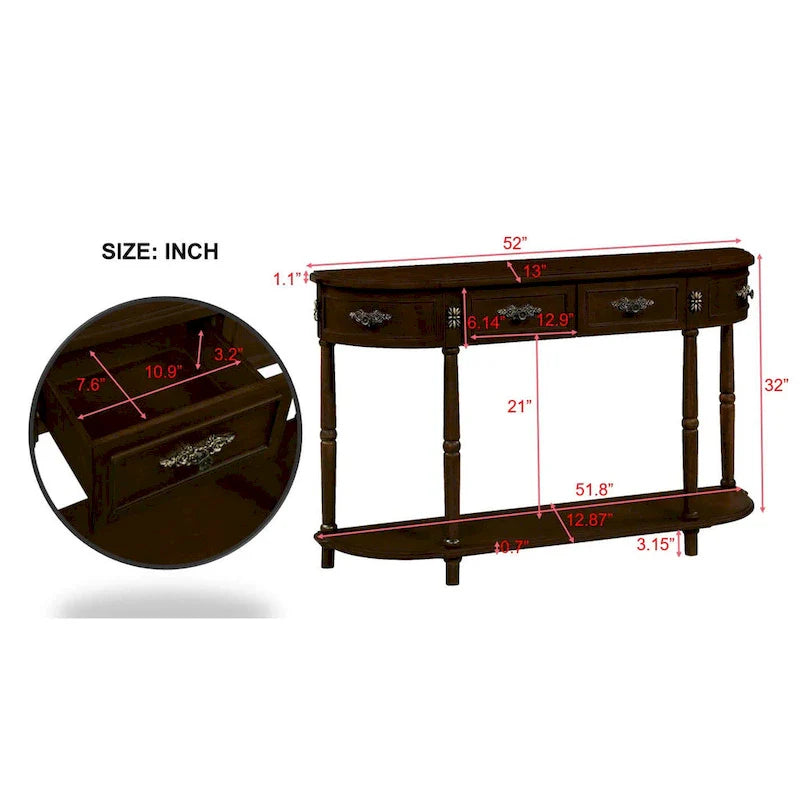 52-Inch Half Moon Circular Sofa Table with Open Shelf and Dual Drawers 31