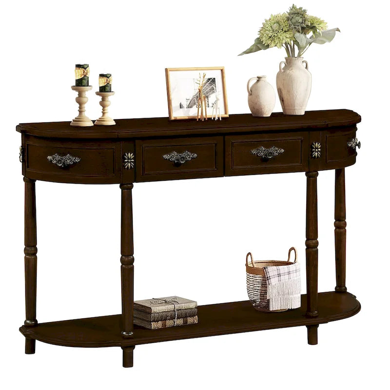 52-Inch Half Moon Circular Sofa Table with Open Shelf and Dual Drawers 32