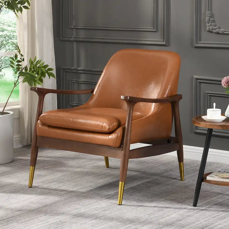 Mid-Century Modern Faux Leather Accent Chair - 29.2", Cushioned Seat, Sturdy Wood Frame, and Brass-Tipped Legs 11