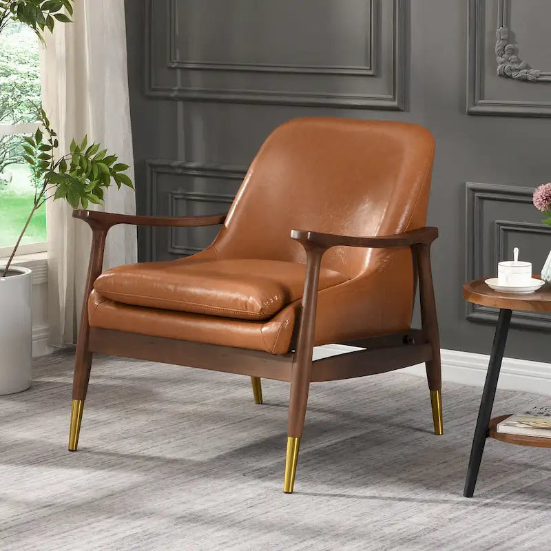 Mid-Century Modern Faux Leather Accent Chair - 29.2", Cushioned Seat, Sturdy Wood Frame, and Brass-Tipped Legs 1