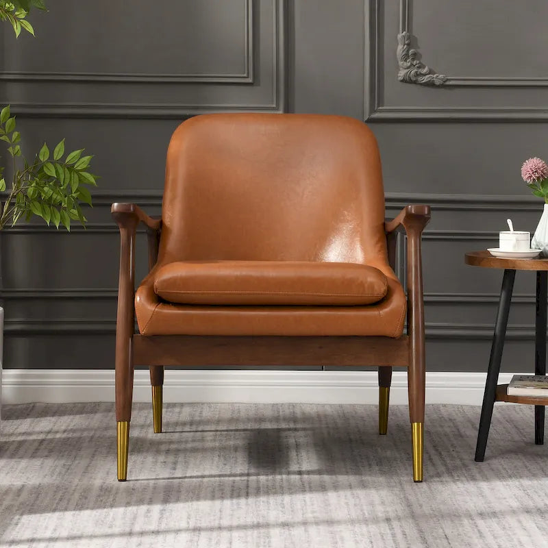 Mid-Century Modern Faux Leather Accent Chair - 29.2", Cushioned Seat, Sturdy Wood Frame, and Brass-Tipped Legs 2