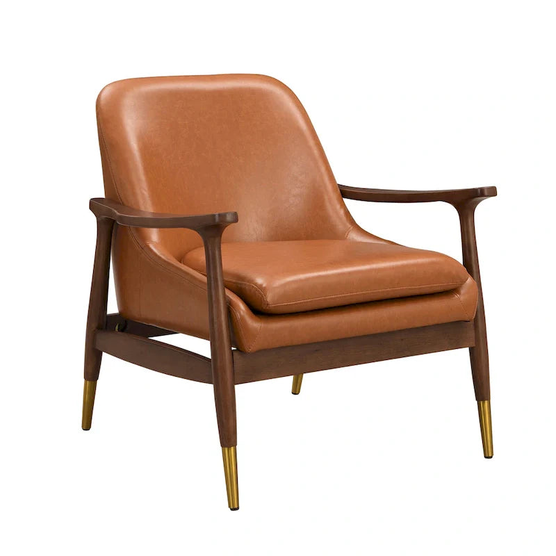 Mid-Century Modern Faux Leather Accent Chair - 29.2", Cushioned Seat, Sturdy Wood Frame, and Brass-Tipped Legs 3