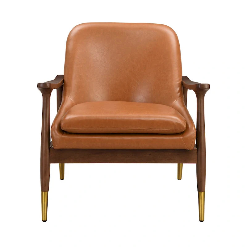 Mid-Century Modern Faux Leather Accent Chair - 29.2", Cushioned Seat, Sturdy Wood Frame, and Brass-Tipped Legs 5