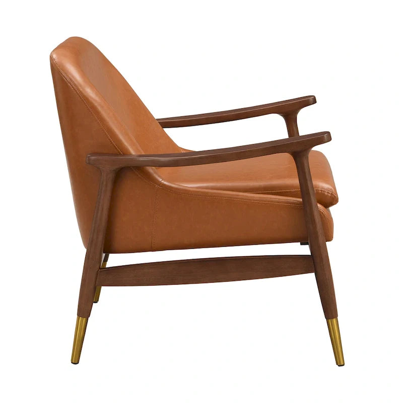 Mid-Century Modern Faux Leather Accent Chair - 29.2", Cushioned Seat, Sturdy Wood Frame, and Brass-Tipped Legs 6