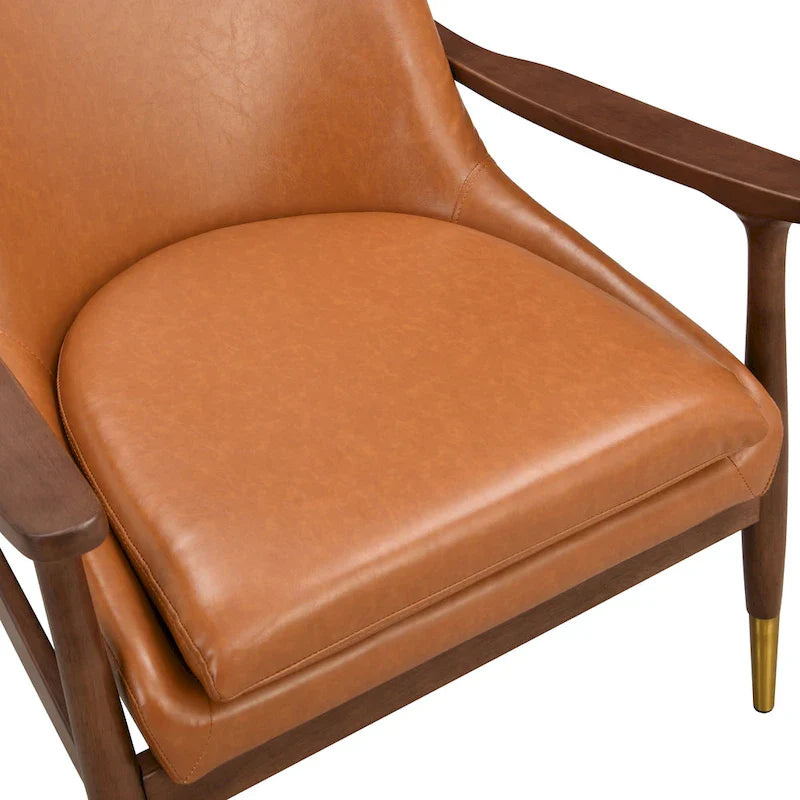 Mid-Century Modern Faux Leather Accent Chair - 29.2", Cushioned Seat, Sturdy Wood Frame, and Brass-Tipped Legs 10